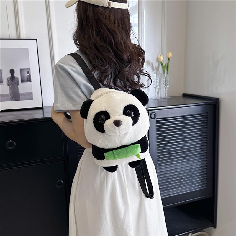 Cartoon Soft Fuzzy Panda Plush Backpack Adorable Bamboo Panda Doll Bag Portable School Travel Shoulder Bag Kawaii Style Gifts