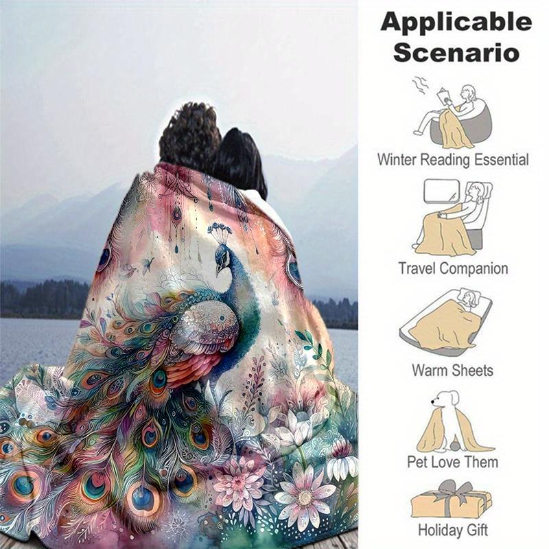 1pc Peacock & Flowers Blanket Soft Throw for Home Decor, Gift Idea
