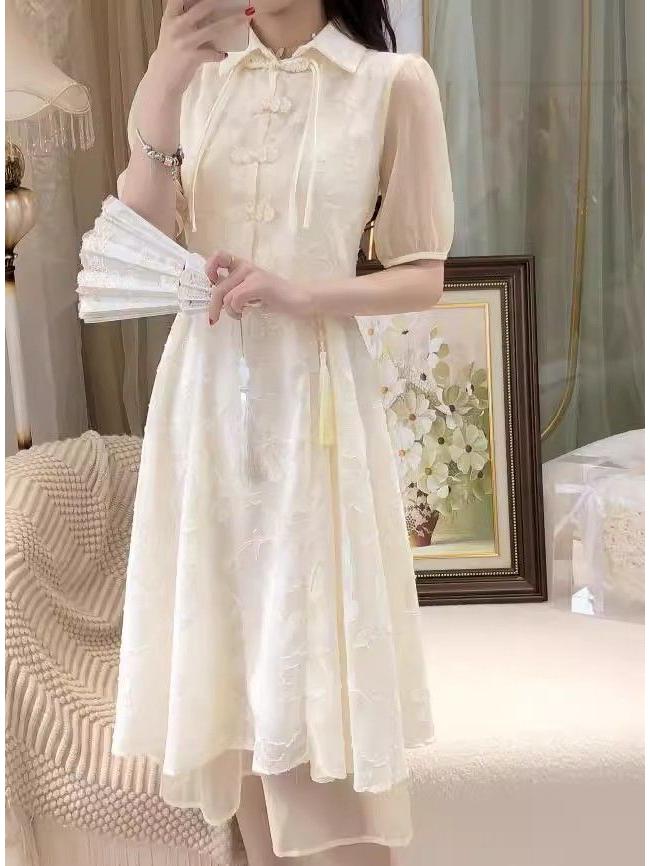 Elegant Summer 2024 Women's Two-Piece: Chinese Style Cheongsam Skirt & Camisole Dress with Frog Button Top