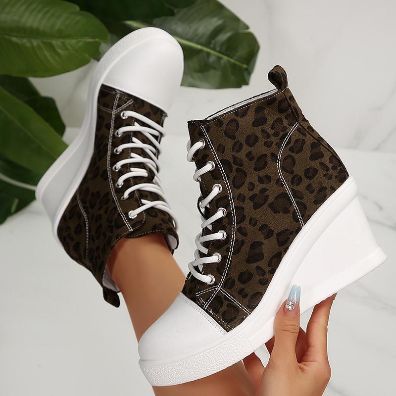 Fashion Fashion Leopard Print Ankle Boots for Women Lightweight Platform Wedge Heel Casual Shoes Woman Thick Sole Lace Up Short Boots 43