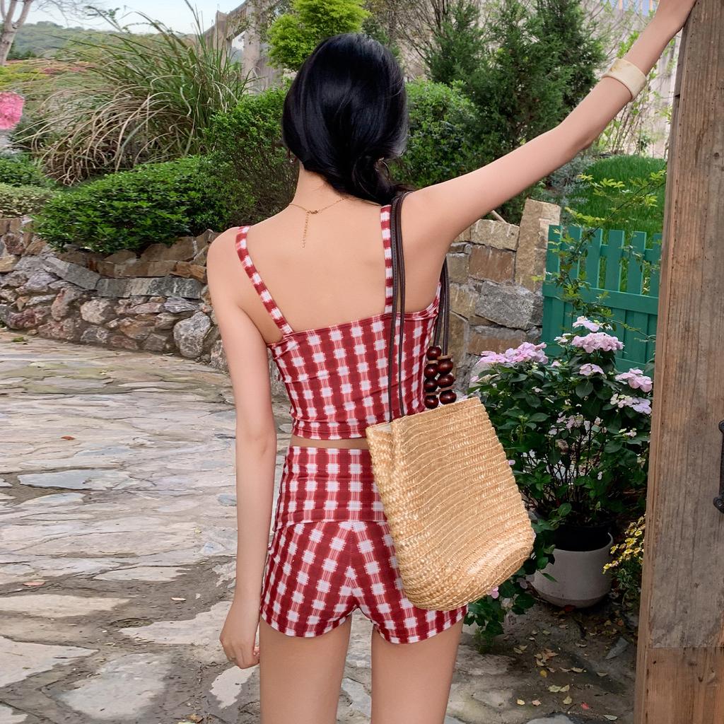 Vintage plaid girl swimsuit women's flat corner conservative small fresh ins student summer vacation swimsuit