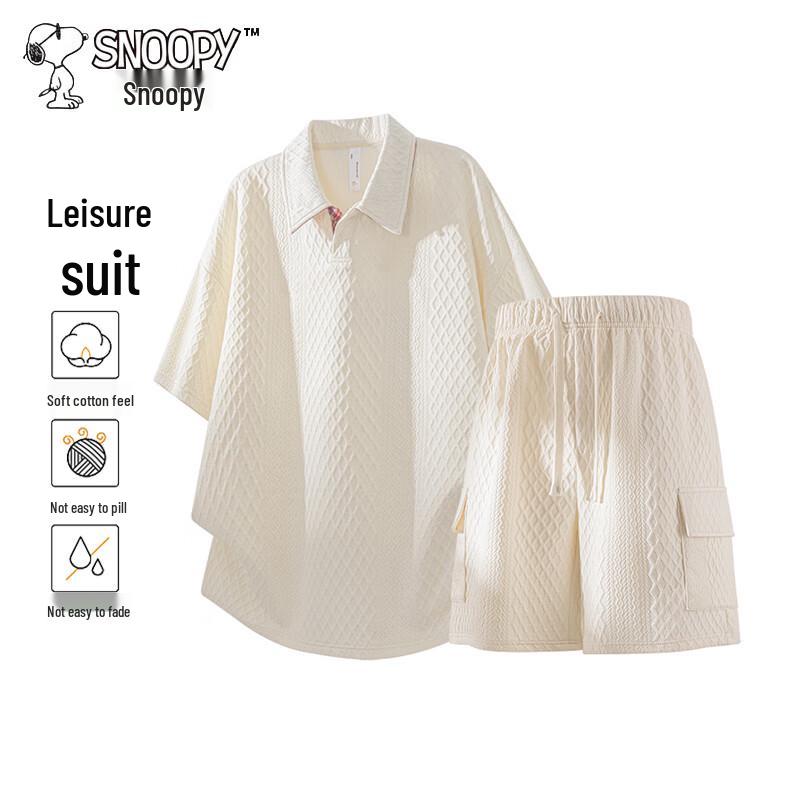 Snoopy Men s Summer Waffle Knit Short Sleeve Polo & Shorts Set XL