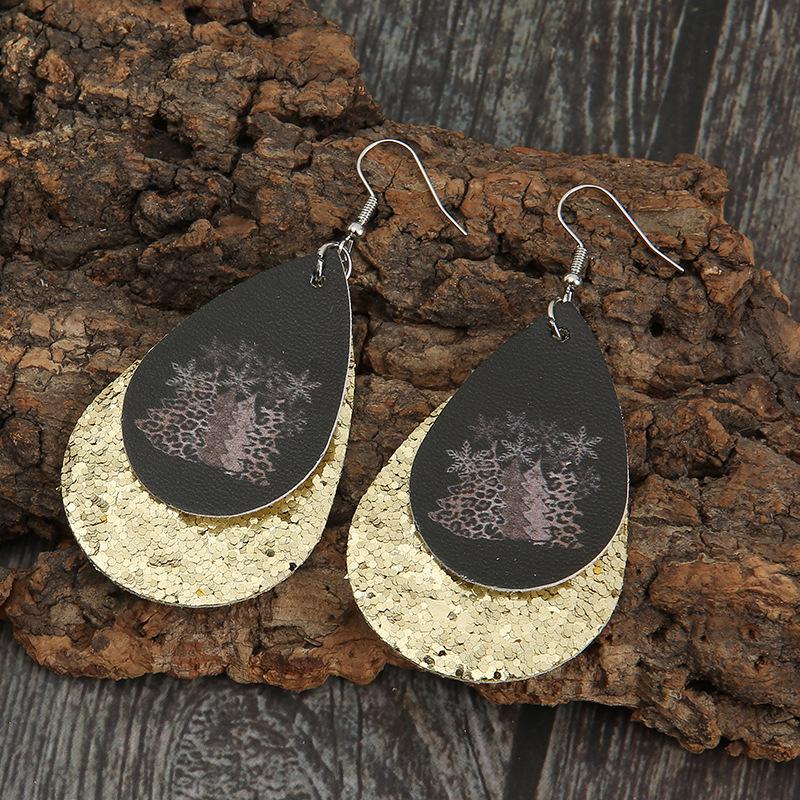 European & American Christmas Tree Teardrop Sequin Earrings, Leopard Print PU Leather.