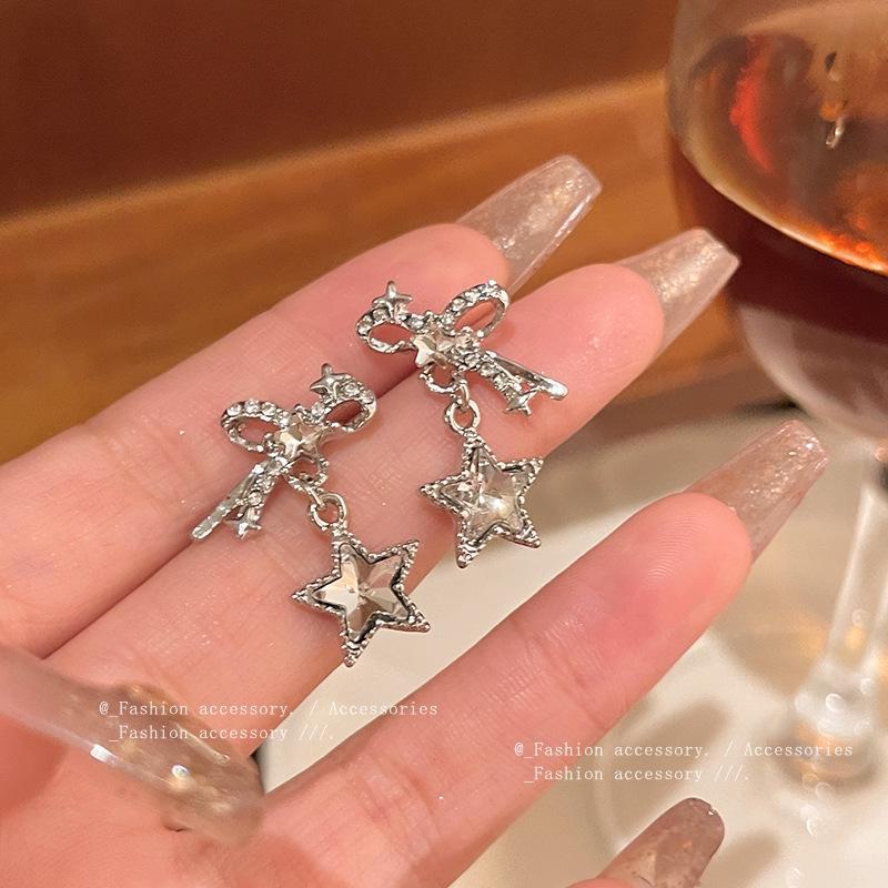 Korean Hot Style Diamond Star Bow Earrings with S925 Silver Needle