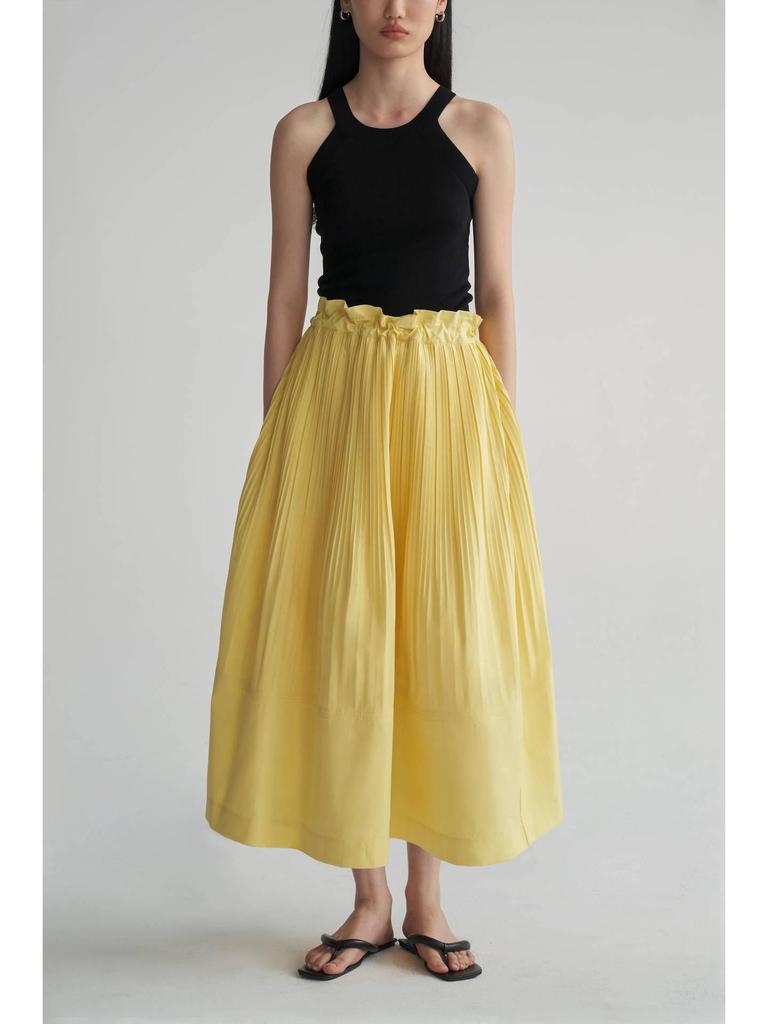 Women's White Pleated Midi Skirt - Minimalist A-line Style with Elastic Waist