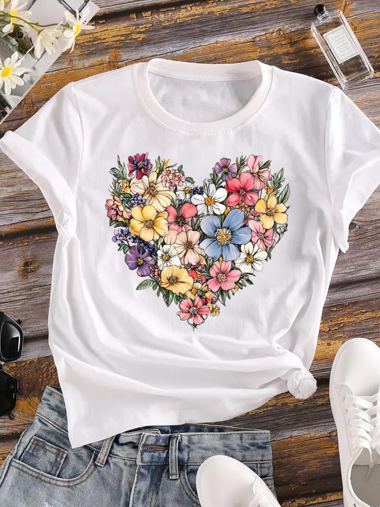(Asian Size) T-shirts Printed Clothing Lady o-neck Short Sleeve Female Top love heart flower Casual T Shirt Fashion Women Graphic Tee
