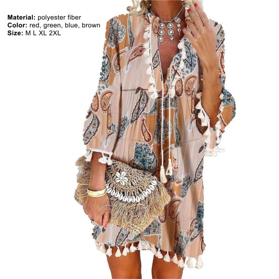 Beach Dress Geometric Print Tassel Women V Neck 3/4 Sleeve Dress for Vacation