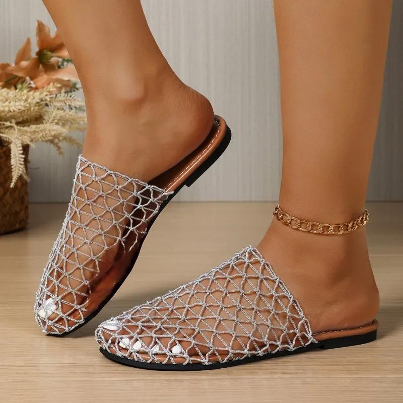 Women Sandals Round Headed Fish Mesh Hollow Ballet Shoes for Summer New Fashionable Flat Bottomed Slides Women Slippers