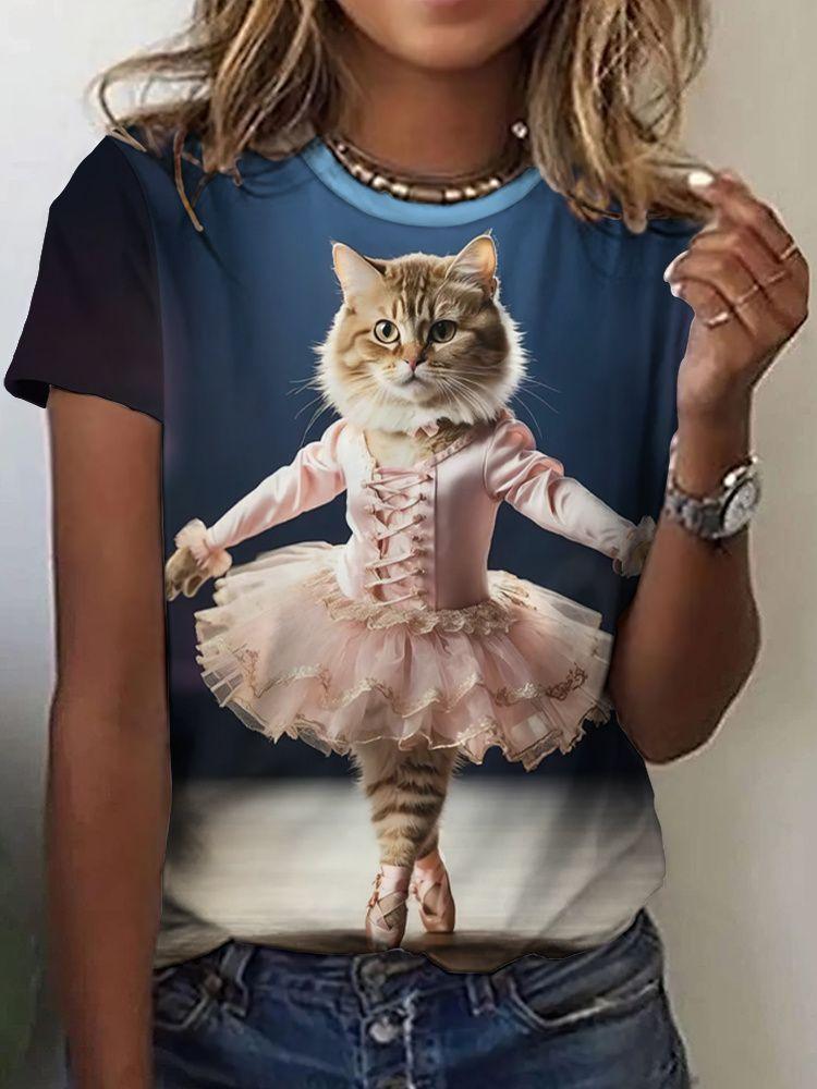 Summer Cute Cat Dances Ballet T-Shirts 3D Print Women Men Short Sleeve Round Neck T Shirt Tees Harajuku Y2K Tops Unisex Clothing