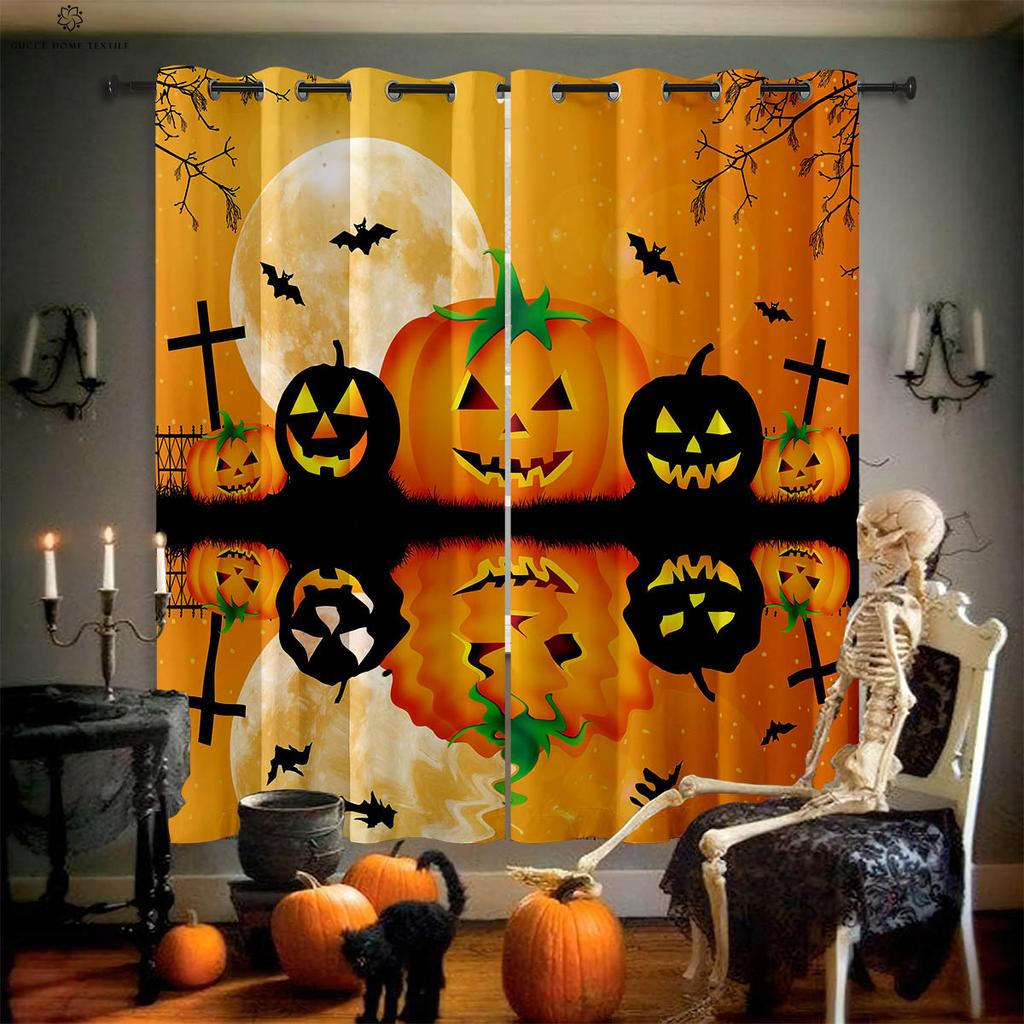 Card Halloween Window Decoration Curtains, Horror Pumpkin Ghost Pattern, Bedroom, Restaurant, Party, 2 Pcs