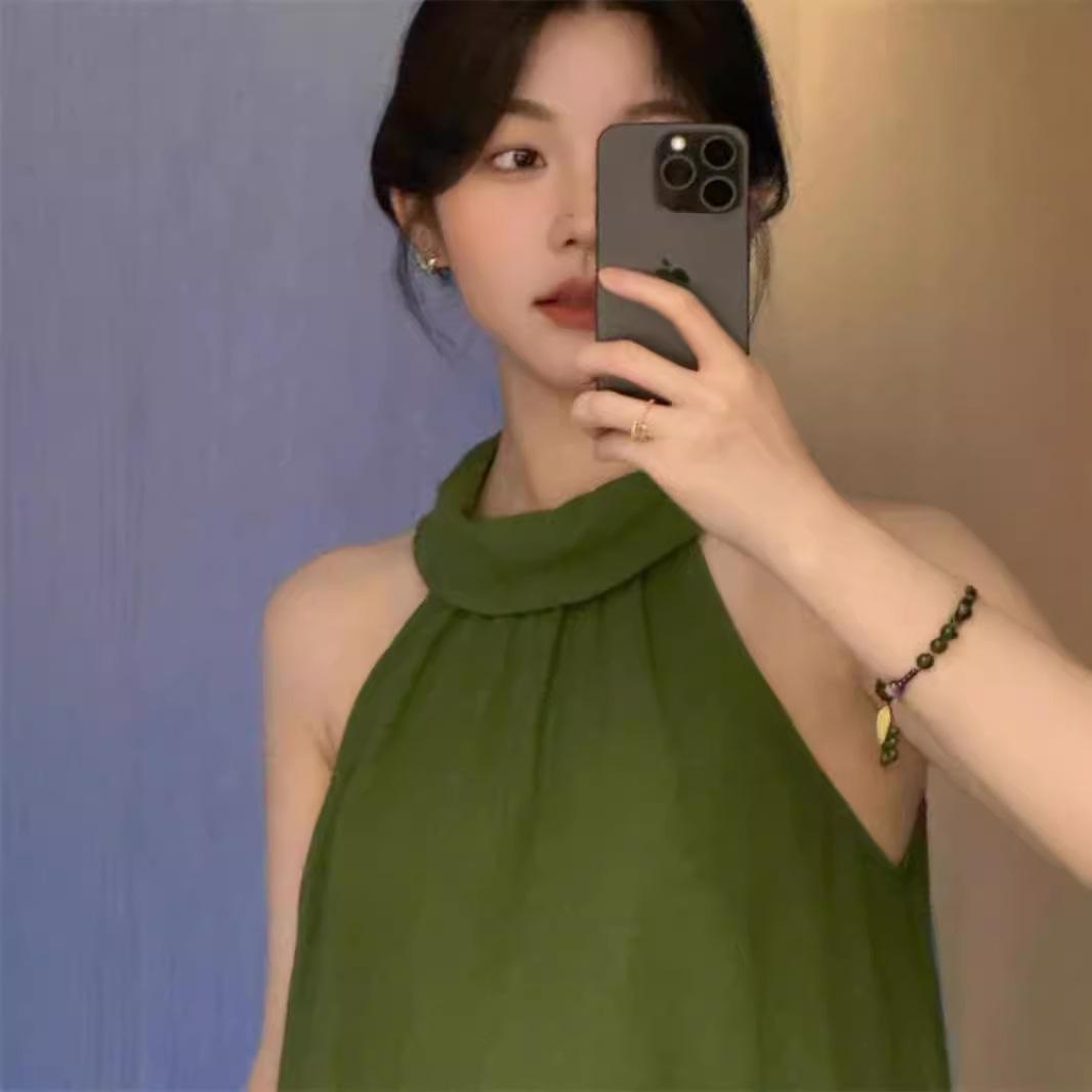 French high-end green neck sling dress children s summer new seaside vacation temperament dress S армия зеленый