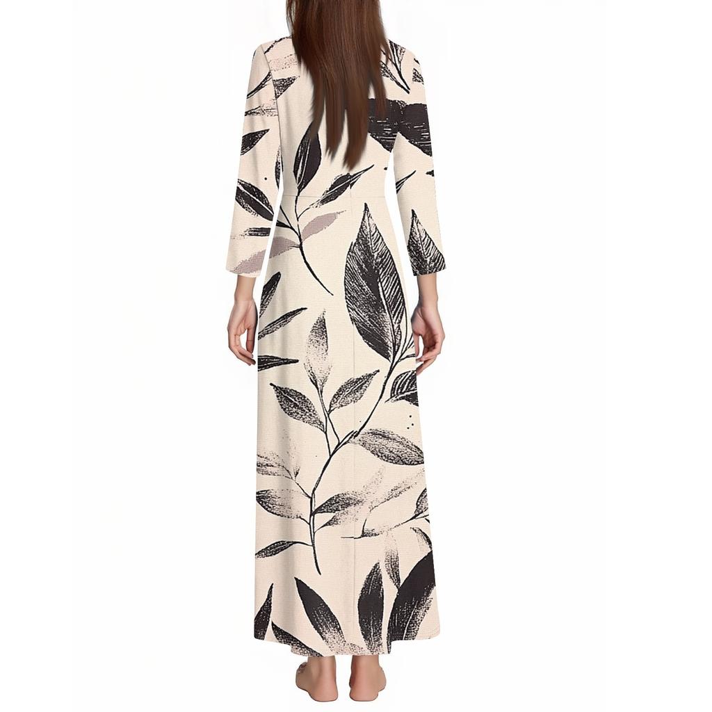 Women's Casual 3/4 Sleeve V-Neck Floral Print Maxi A-Line Beach Dress