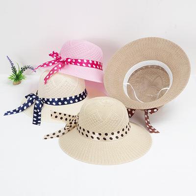 Fashion Dot Ribbon Bowknot Straw Hat for Women Summer Travel Beach Mesh Breathable Large Brim Sunshade Cap Girls Fisherman Hat