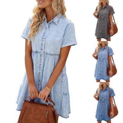 Fashion Womens Summer Sexy Button Cuff Short Sleeve High Waist Denim Dress