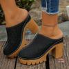 Women's Plus Size Suede High Heel Slippers Summer European American Style Carved Hollow Closed Toe Thick Block Heel