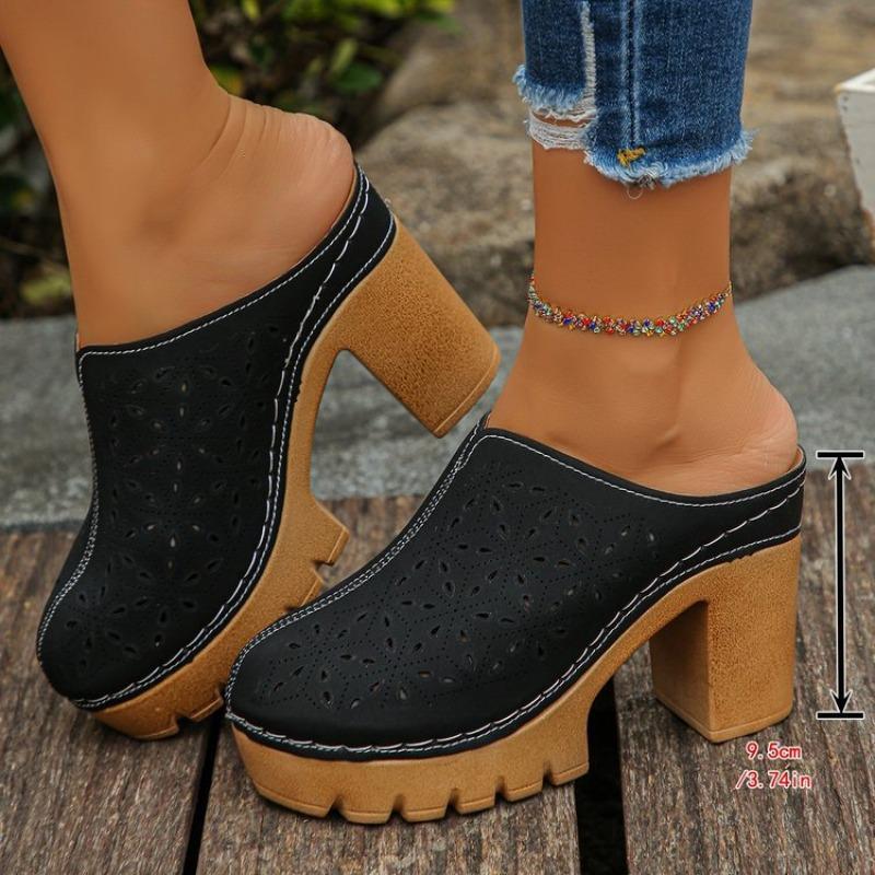 Women's Plus Size Suede High Heel Slippers Summer European American Style Carved Hollow Closed Toe Thick Block Heel