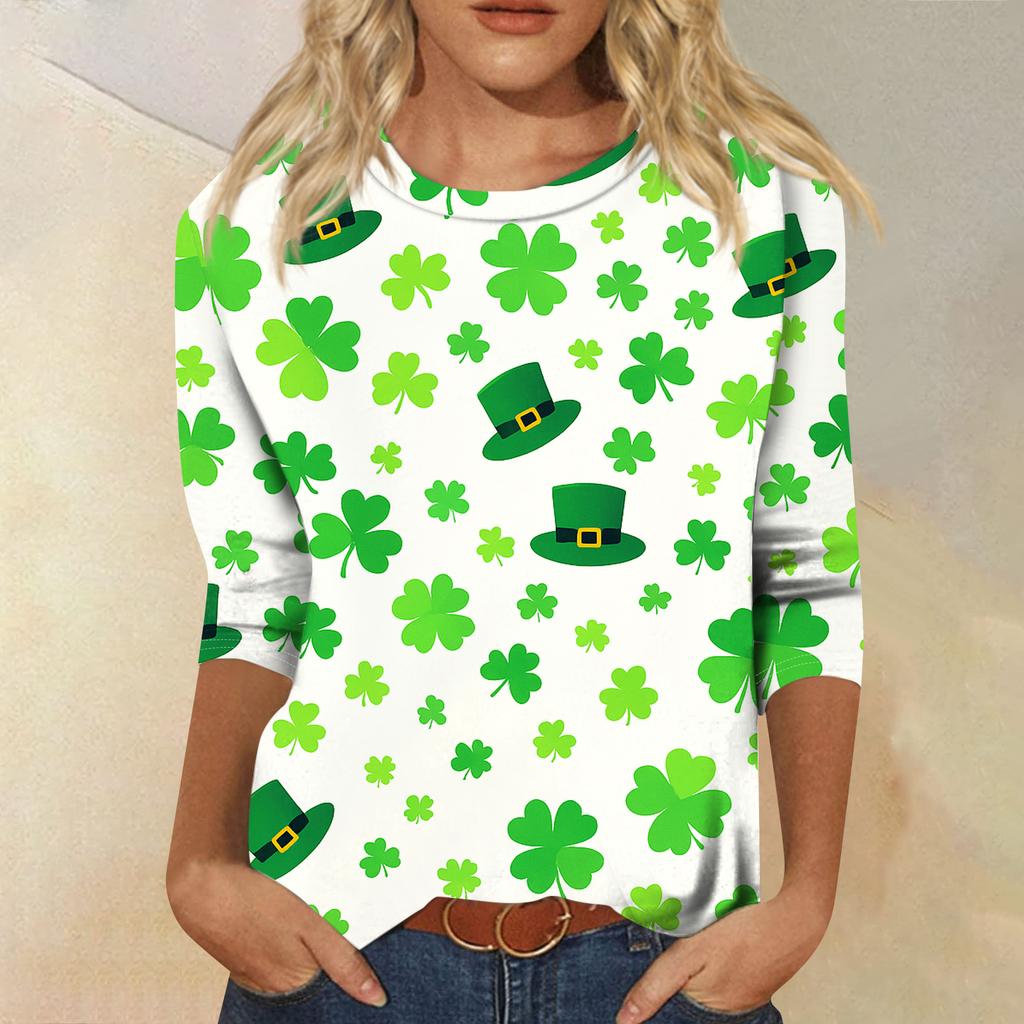 Damen Modisches Lässiges Dreiviertelarm Bedrucktes Rundhals-Top