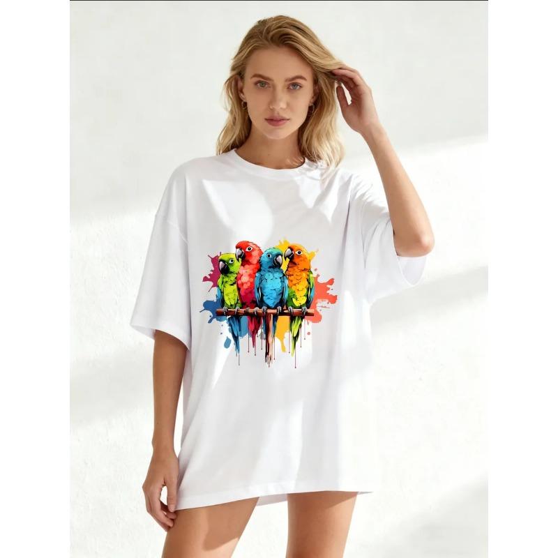 Übergroßes Damen-Kurzarm-T-Shirt mit buntem Papageien-Aquarelldruck