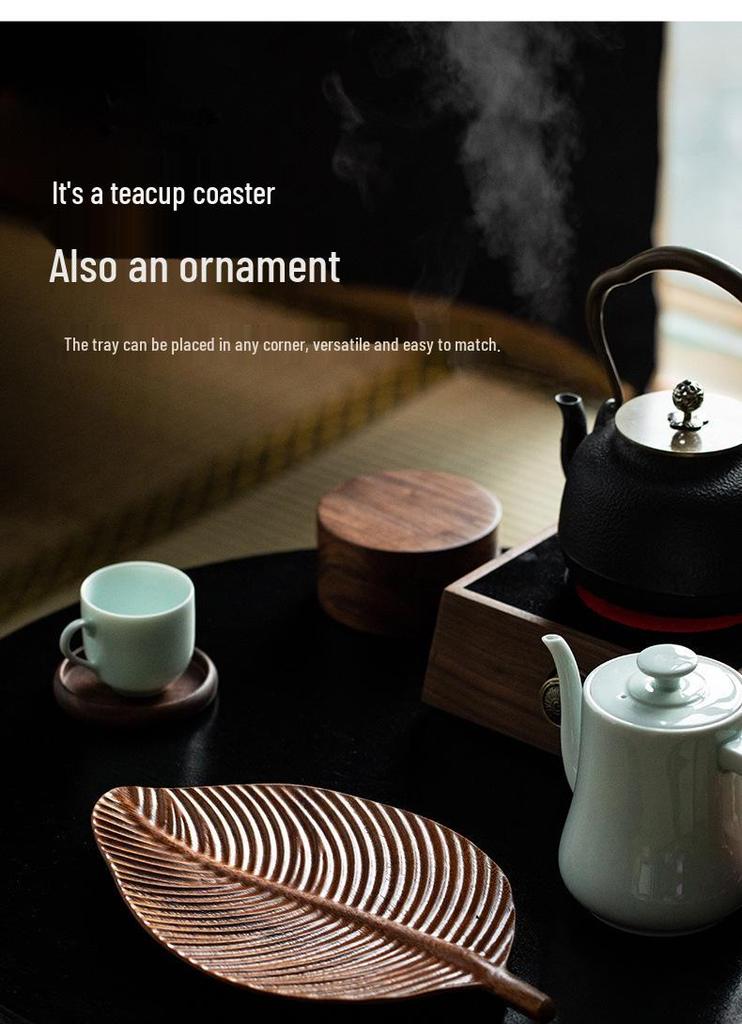 Walnut Leaf Wooden Tea Tray with Saucer & Snack Storage