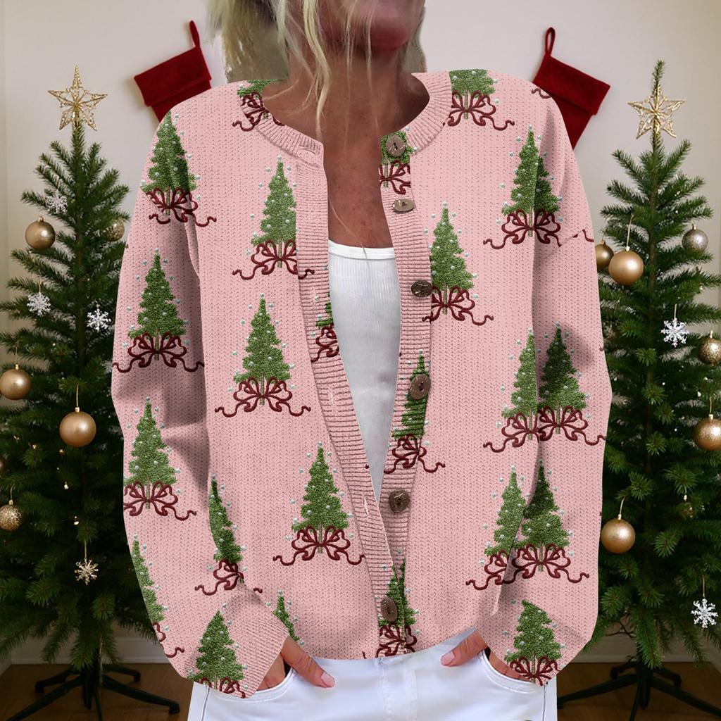 Dames Cardigan Langermet Lett Jakke med Morsomt Juleprint