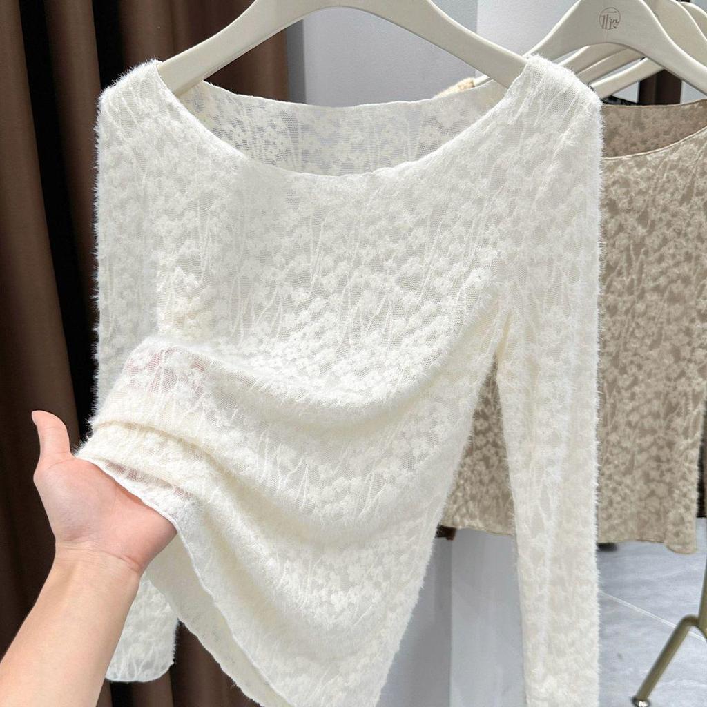 Women's Sexy Lace Hollow-Out Long-Sleeve Slim-Fit Top for Autumn/Winter