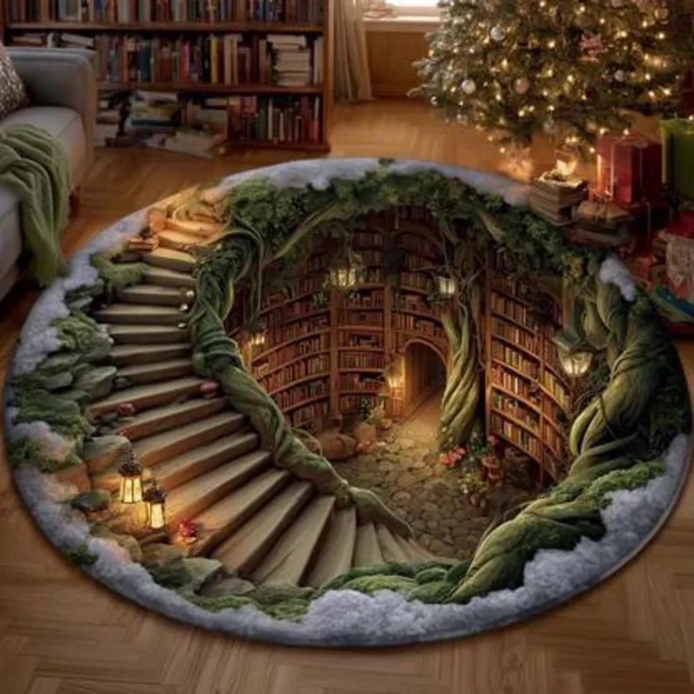 Enchanted Library Tunnel 3D Illusion Round Carpet for Book Nook Living Room Floor Mat Bedroom Literary Decor Rug
