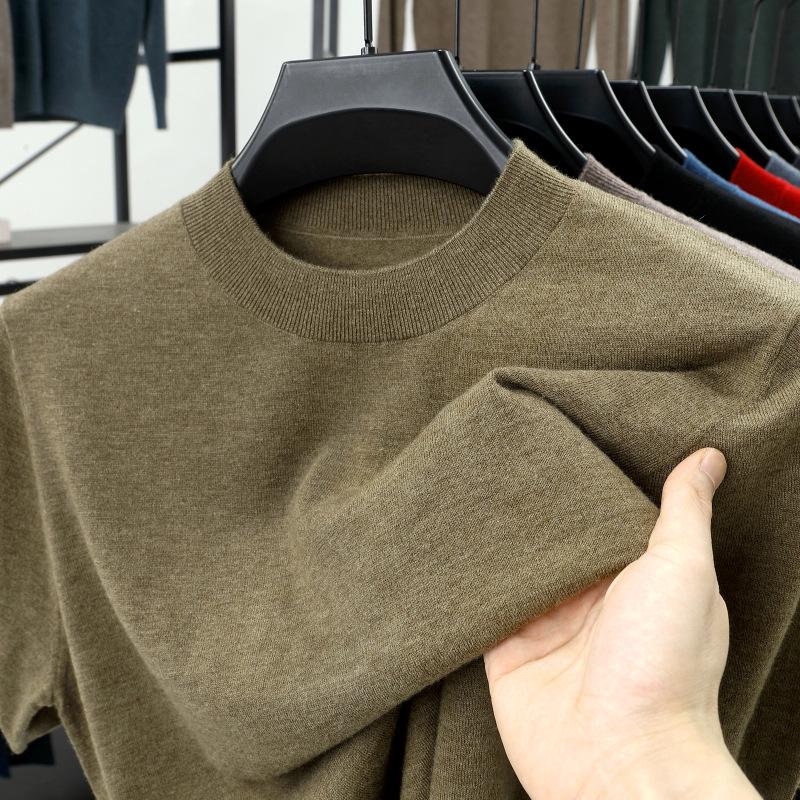 Men's 100% Wool Round Neck Sweater - Solid Color, Long Sleeve, High-End Casual Base Layer for Autumn/Winter