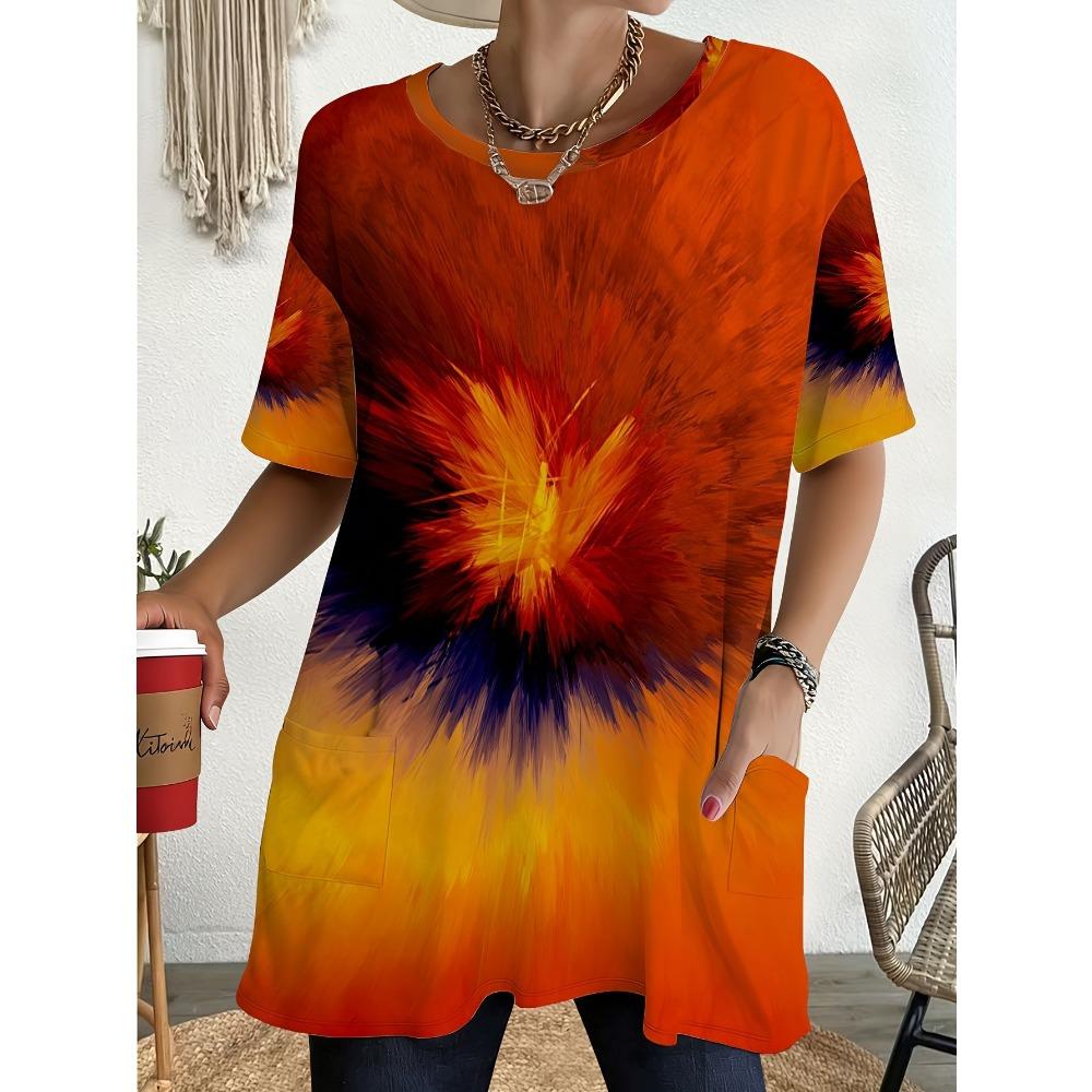Women's Summer Short Sleeved T-shirt, 3D Printed Pocket T-shirt, Casual Plus Size T-shirt