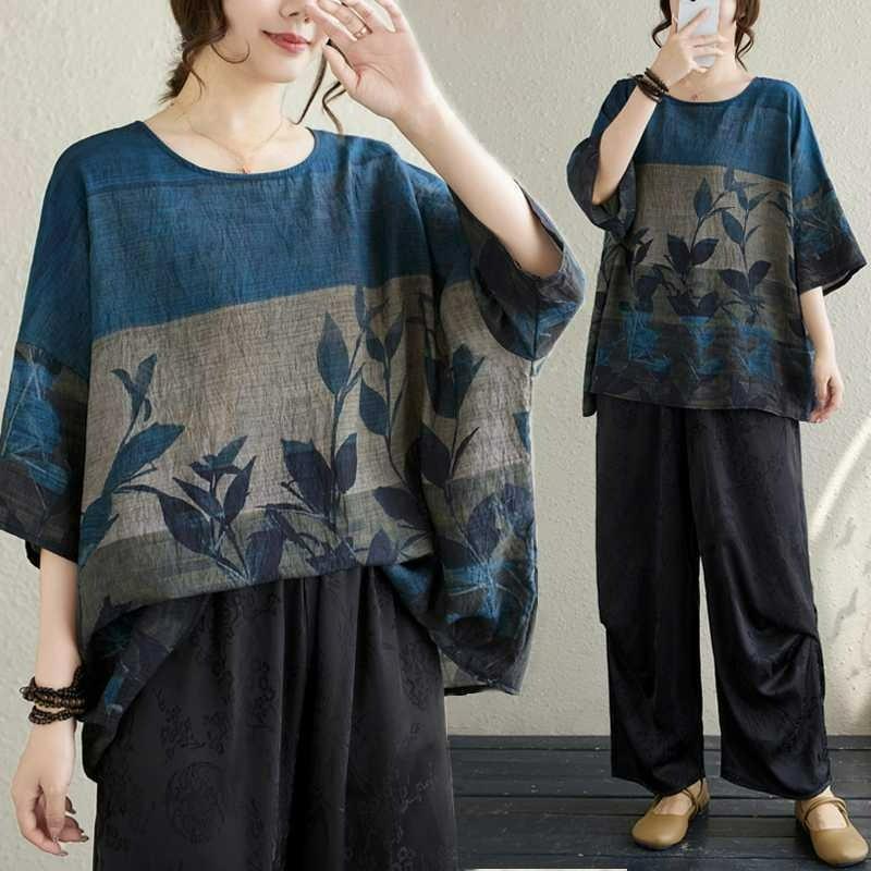 Summer Loose Plus Size Fat Retro Printed Shirt Women onesize синий