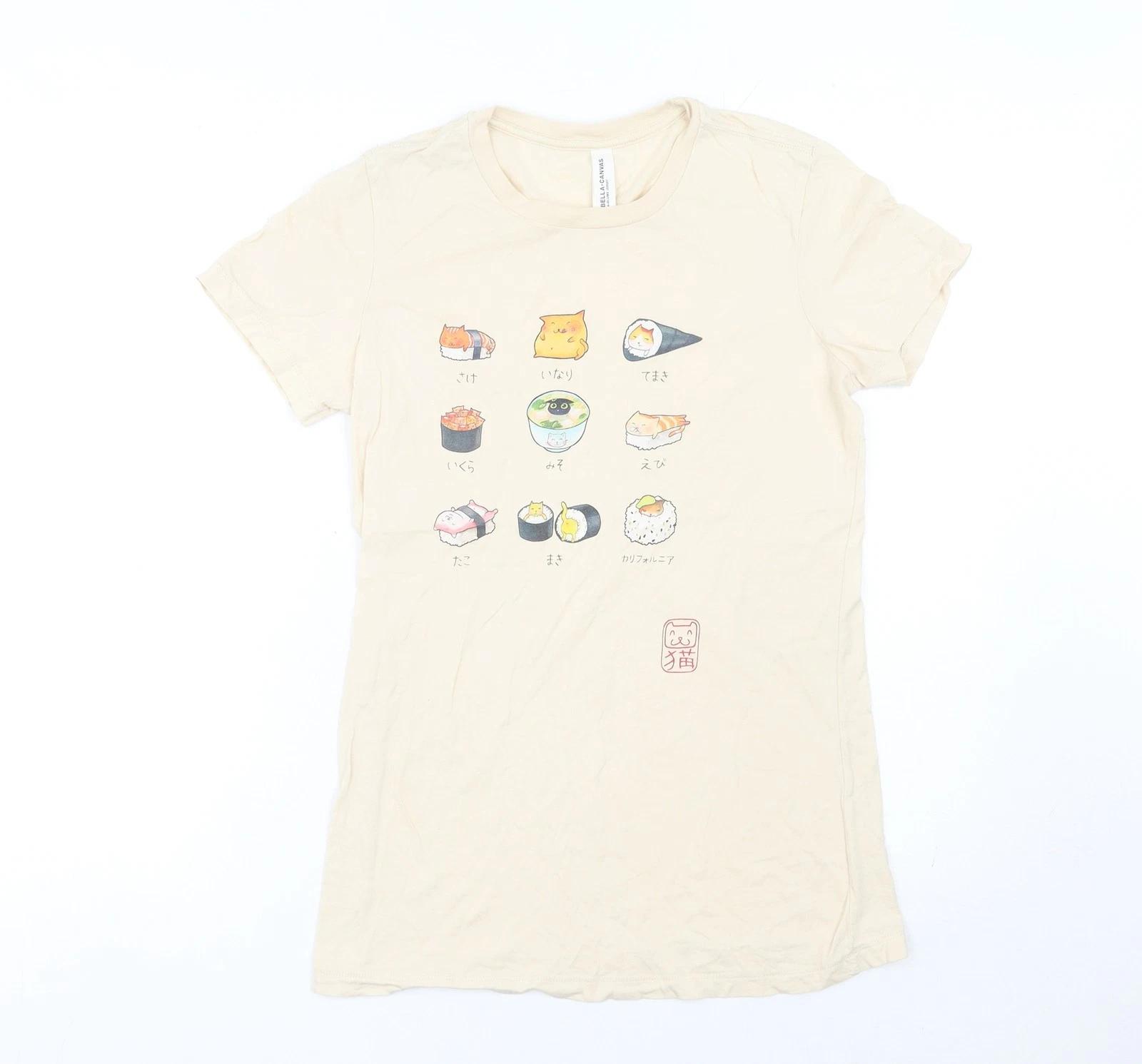

Bella + Canvas Womens Beige Graphic T-Shirt L Funny Anime Sushi Print L
