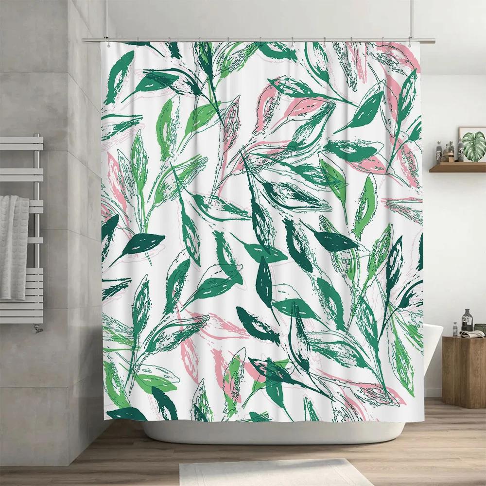 Colorful Leaves Shower Curtain Modern Bathroom Decor for Home Decoration Green Pink White Water-resistant Fabric Easy Installati