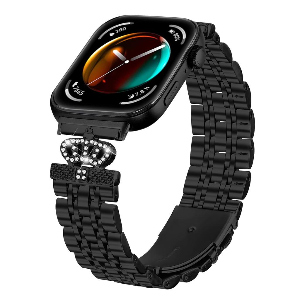 For Huawei Watch Fit 3 Watch Band 7-Bead Rhinestone Crown Stainless Steel Strap