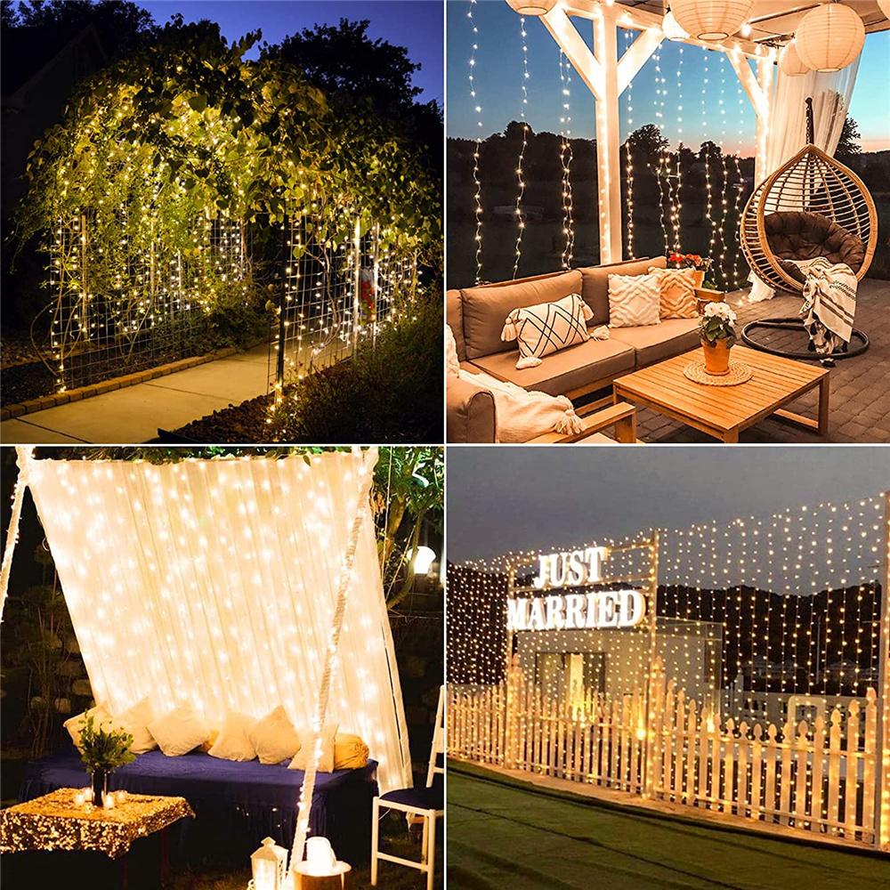 8 Modes LED Solar Courtyard Curtain Lights Outdoor Waterproof Fairy String Lights 100LED 200LED 300LED Garden Window Bedroom Wedding