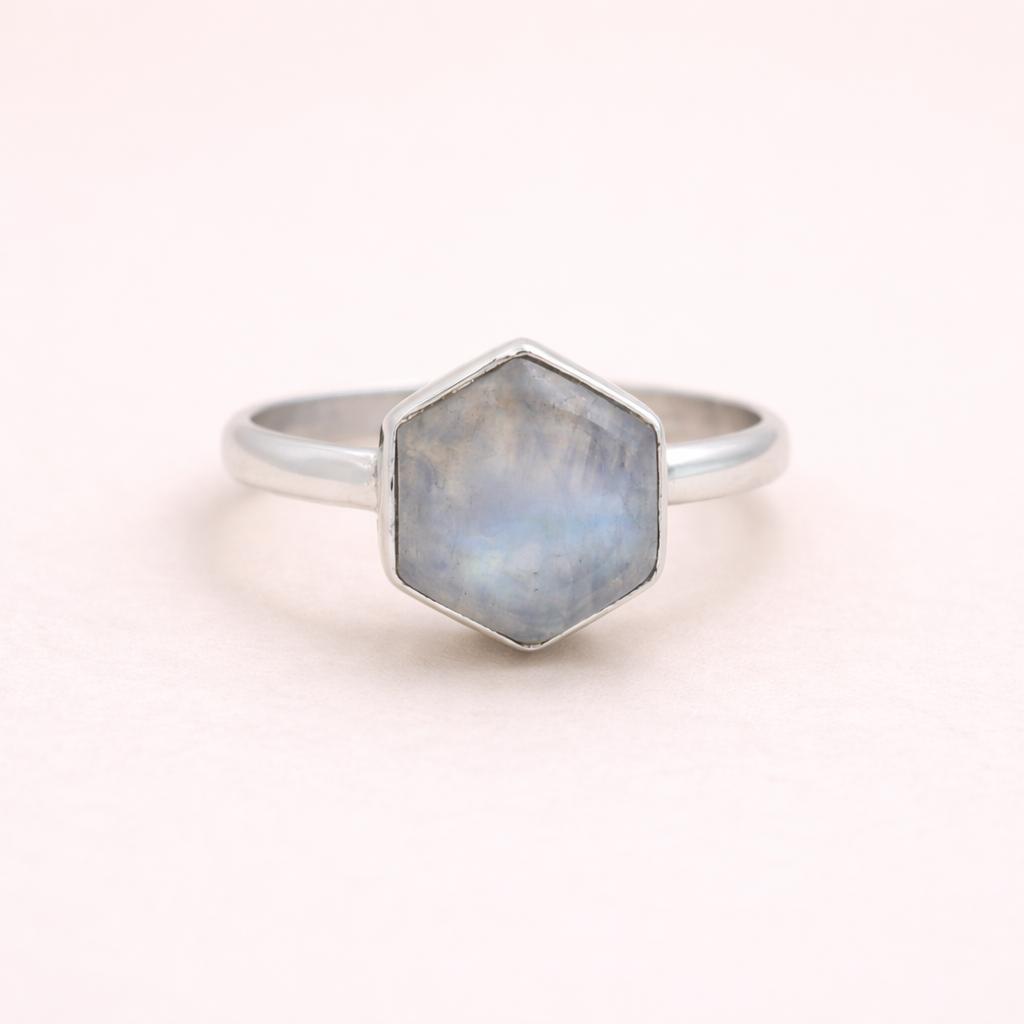 Hexagon Rainbow Moonstone Ring in 925 Sterling Silver, Boho Flashy Gemstone Ring, Handmade Statement Jewelry 4