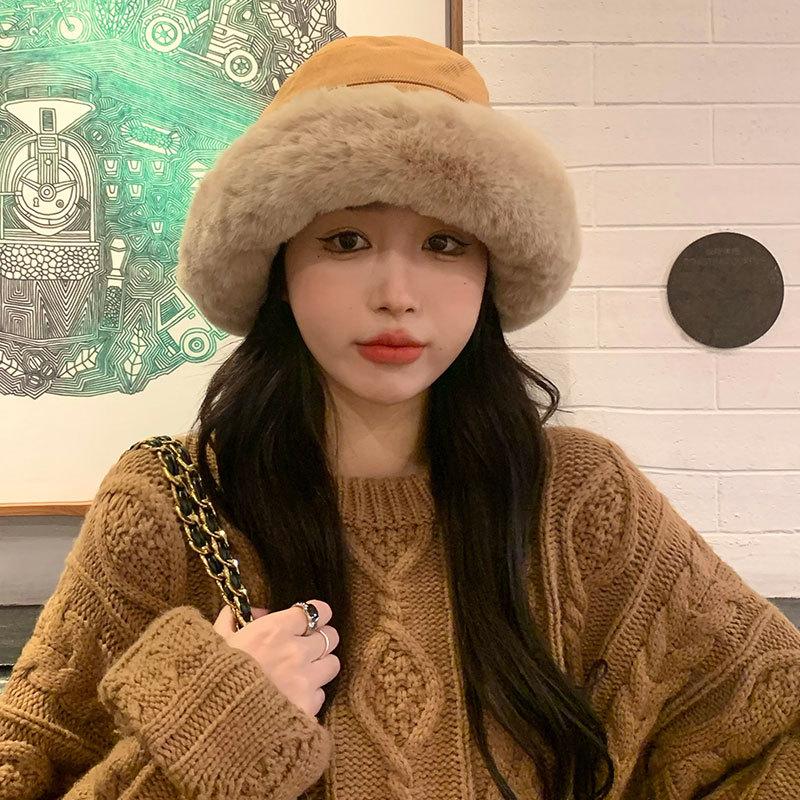 Autumn and winter thickened plush hat women's plush bucket hat curled edge cold-proof elegant windproof warm ear protection Mongolian basin hat
