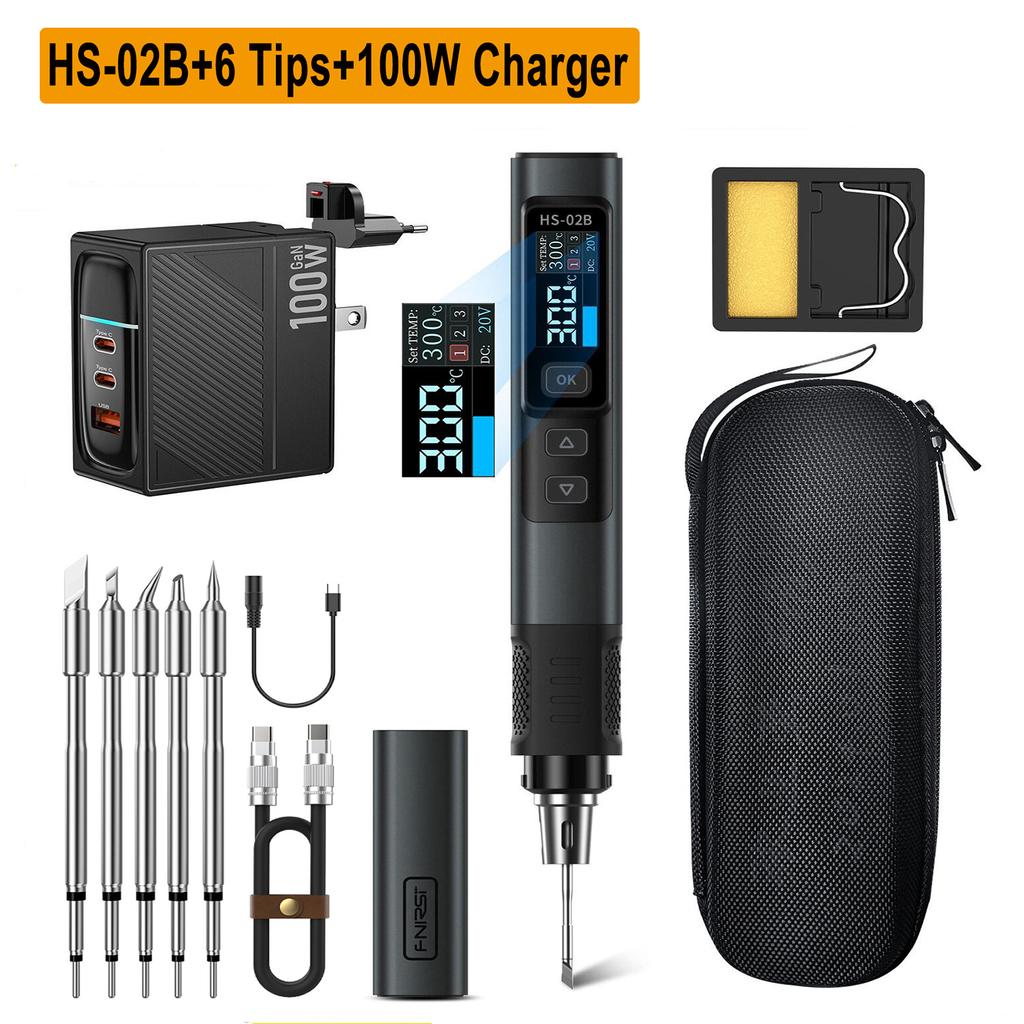 FNIRSI HS-02 Smart Electric Soldering Iron 100-450℃ Temp Adjustable PD 100W Portable Welding Rework Station Solding Irons Kit
