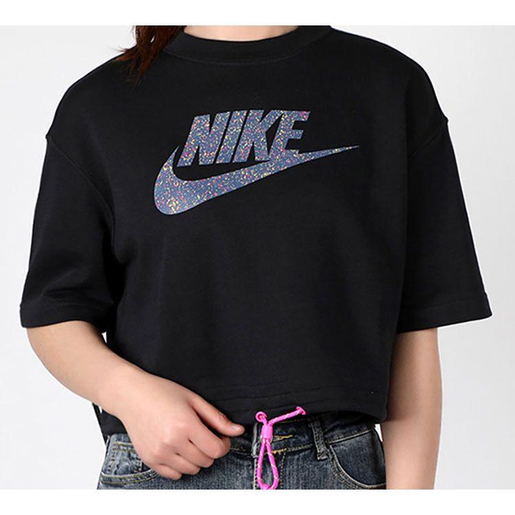 Nike Sportswear Icon Classic Logo Print Drawstring Cropped Short Sleeve T-Shirt Women Tops Black CJ2276-010