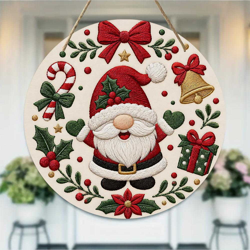 Festive Christmas gnome pattern Round Wooden Hanging Plaque seasonal wall art decor rustic holiday door sign home indoor xmas ornament