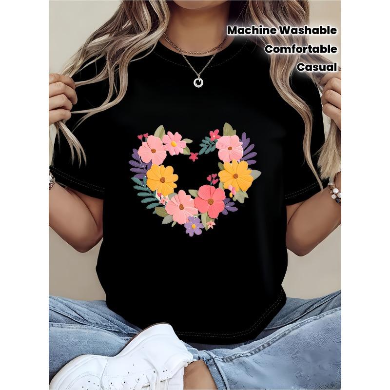 Men s & Women s Soft Crew Neck T-Shirts with Heart-Shaped Floral Wreath Print - Pink/Yellow/Purple Casual Blouse Suitable for Mother s S чёрный