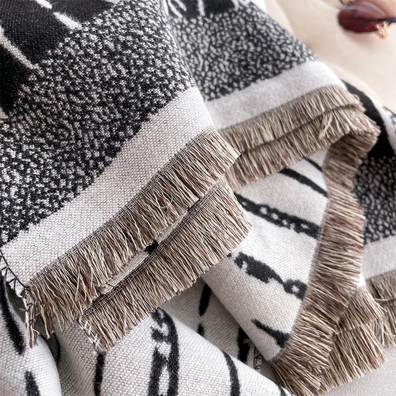 Korean Version Striped Simple Style Double-Sided Imitation Cashmere Scarf Winter High-End Temperament Women'S Warm Shawl