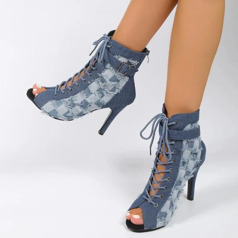 Fashion 2024Sexy Peep Toe Denim Ankle Boots Women Stiletto High Heels Gladiator Summer Booties Woman Zipper Cross-Tied Dress Shoes
