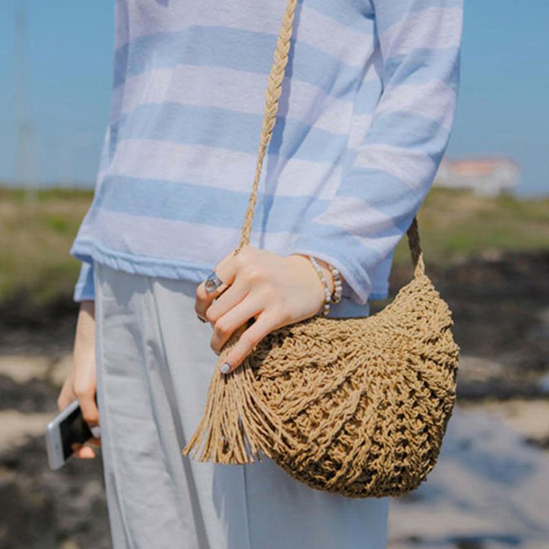Cross Body Bag Half Moon Straw Bags Women Summer Rattan Bag Handmade Woven Beach Bohemia Handbag