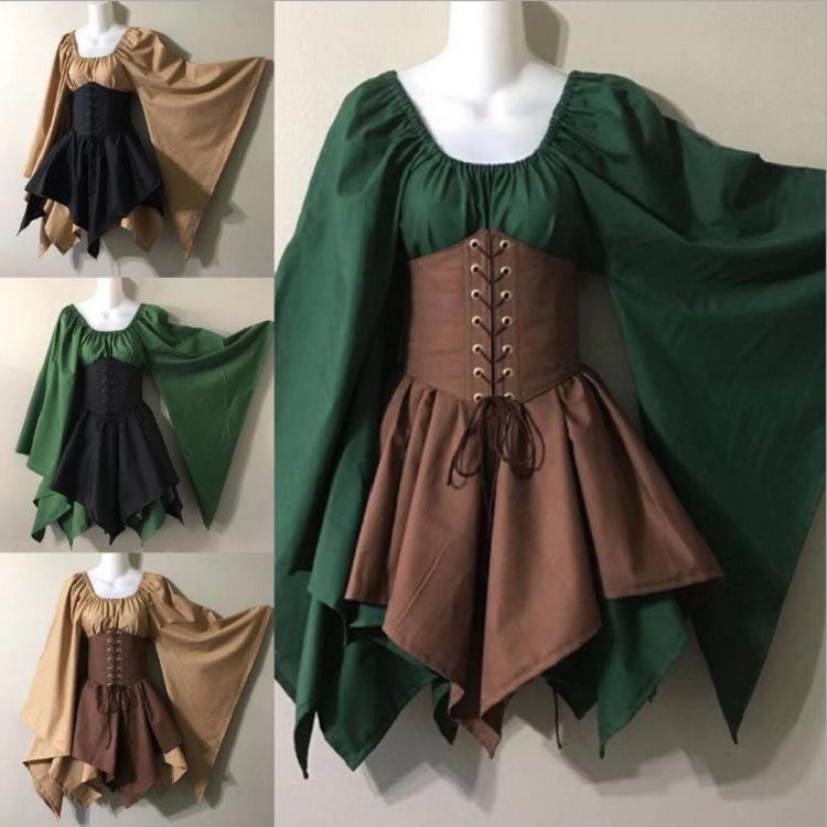 Women's V Neck Long Sleeve Midi Dress Asymmetric Fit Mid Waist Vintage Medieval Color Block Corset Dress