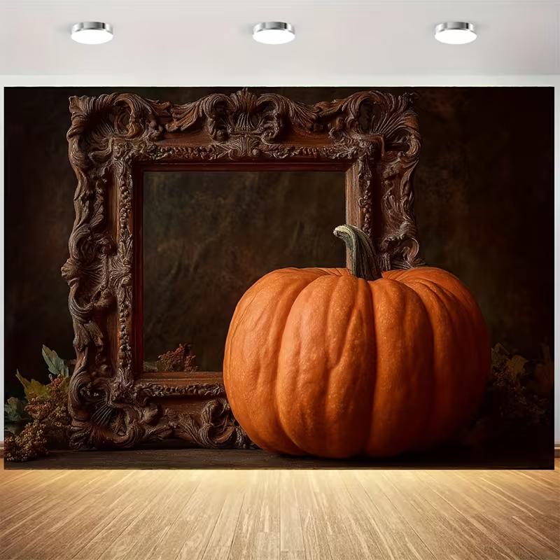 

2D Antique Frame Pumpkin Photography Backdrop, Dark Rustic Background with Fall Pumpkin for Studio 47.2x31.5inch/120*80cm
