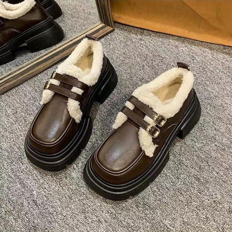 Winter Women's Mary Jane Shoes Chunky Sole Thick Fleece-lined Loafers Vintage Plush Warm Cotton Women's Shoes Zapatos Para Mujer