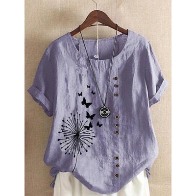 Summer Ladies Short Sleeve Round Neck T Shirt Women's Linen Shirt Large Size Tops