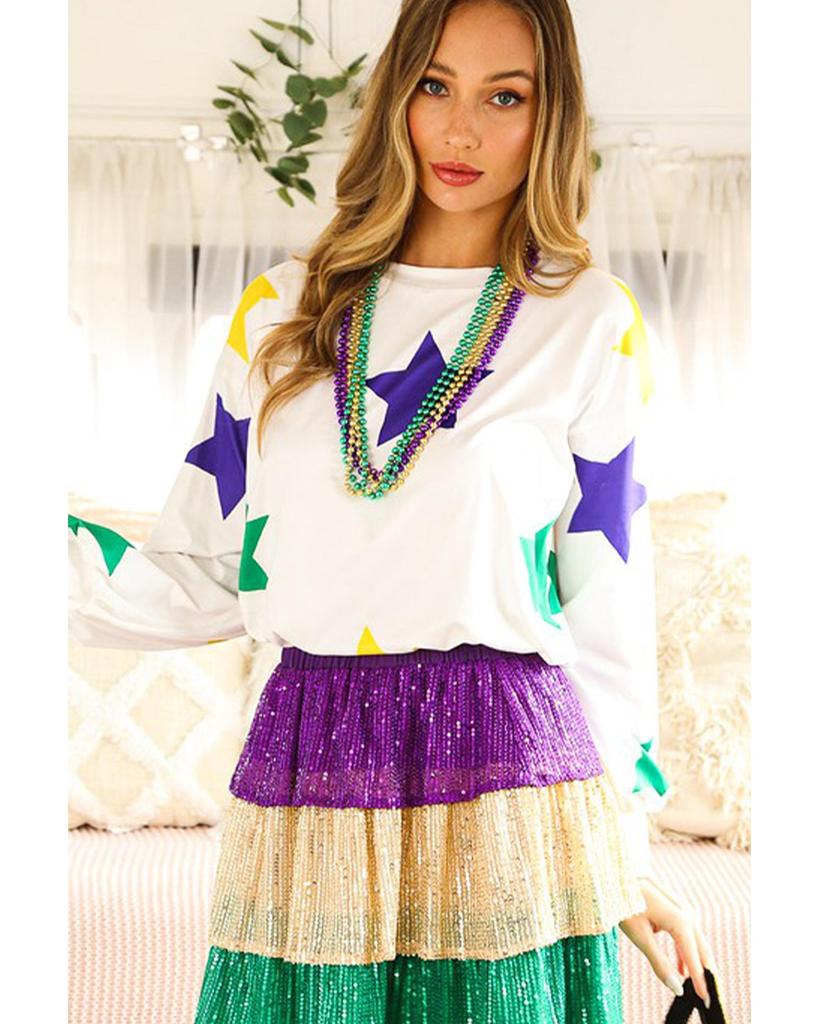 Azura Exchange White Mardi Gras Star Printed Long Sleeve Top