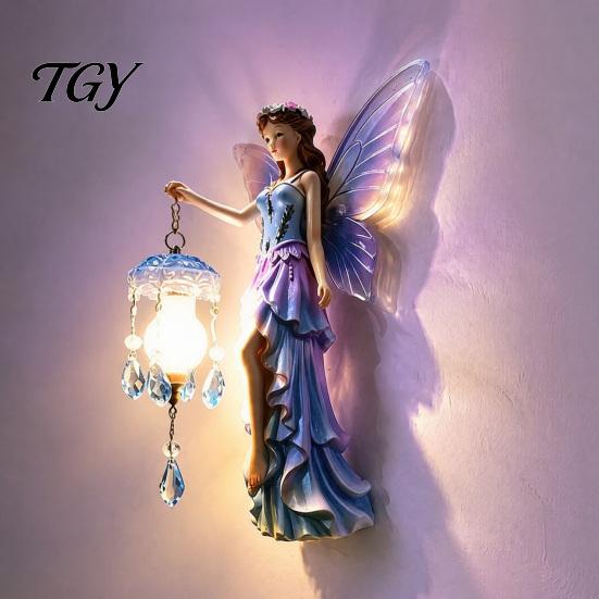 Romantic Bedroom Night Light Fairy Wall Light, Resin Elf Sculpture Lantern for Bedroom, 3D Elegant Entrance Hall Lighting Hanging Art Decor with Faux