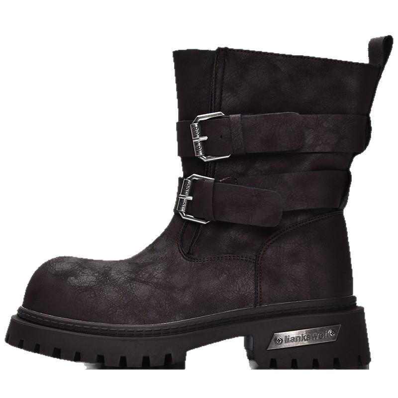 European Goods 2025 Autumn New Thick-soled Heightening Locomotive Martin Boots Women's Leather Retro Mid-tube Western Knight Boots