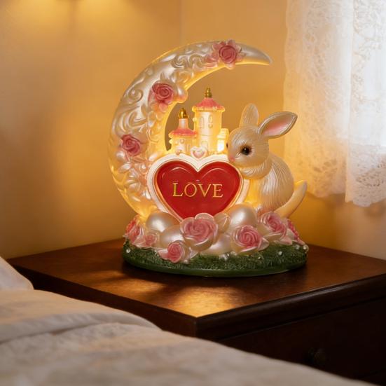 Easter Bunny Night Light Cute Bunny Moon Heart Table Lamp Resin Bedside Lamp for Kids Room Nursery Bedroom Decor